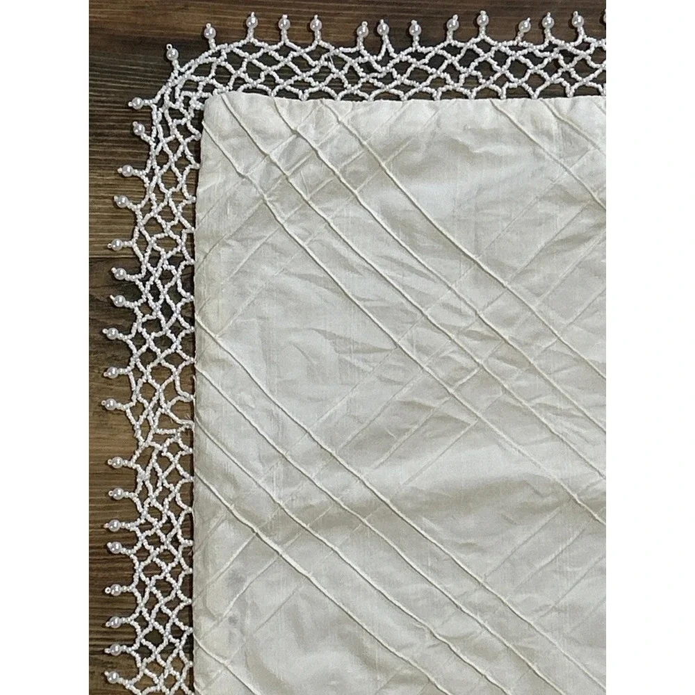 Throw Pillow Cover ONLY Beaded Pearly Dangly Satiny Off White Crocheted Trim 18